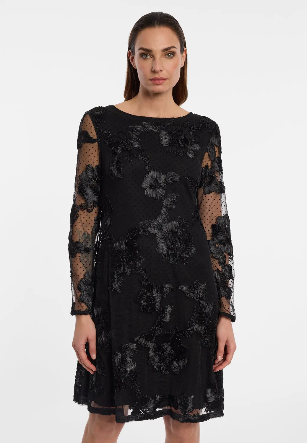 Ana Alcazar Elodrey abito nero pizzo floreale godet