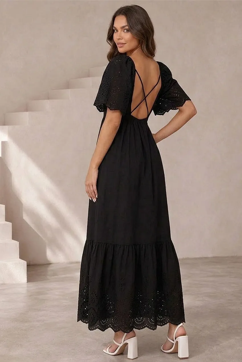 Chi Chi London abito maxi nero 10 cotone sangallo