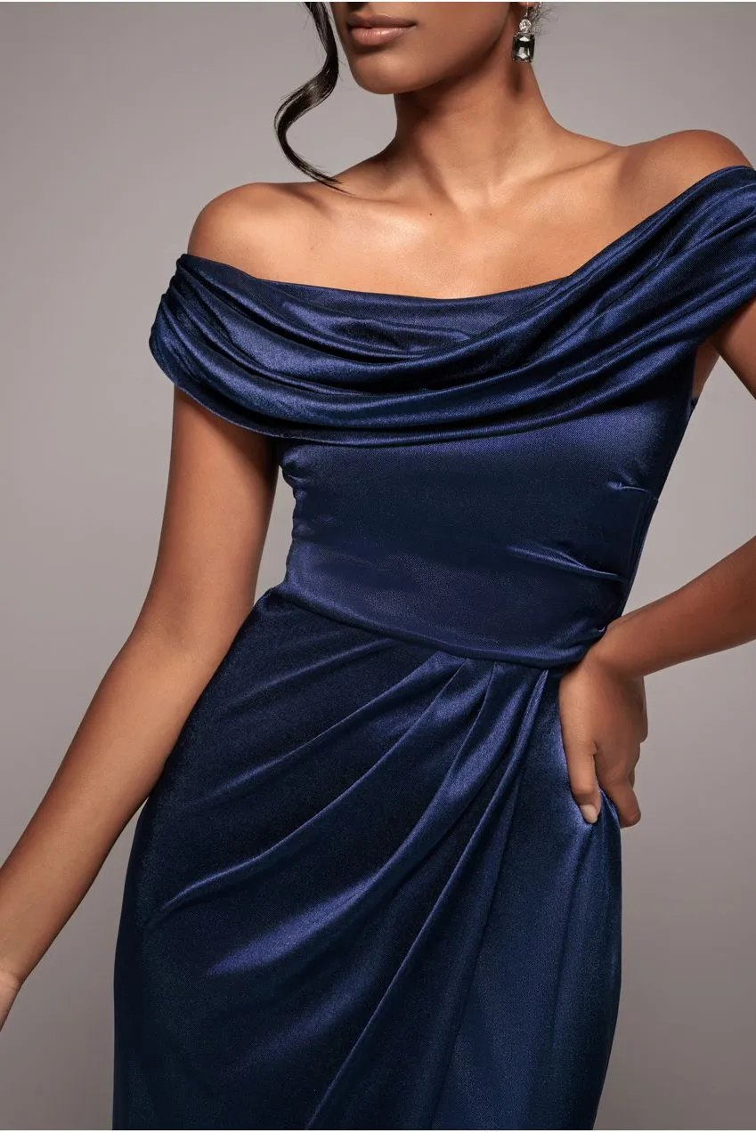Goddiva Cowl Bardot abito maxi blu navy satin