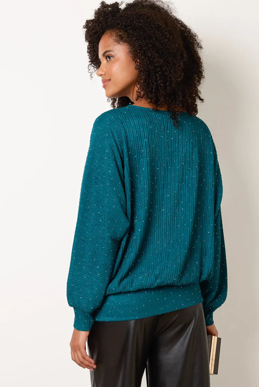 Blue Vanilla Rhinestone Batwing top teal con strass