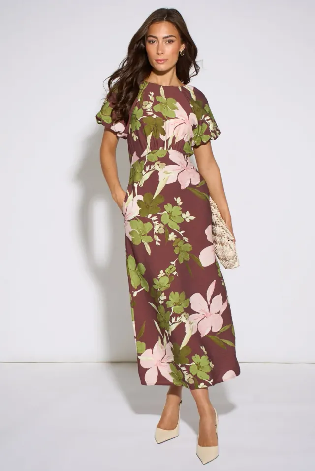 Gini London Floral Puff abito midi marrone fiori 8-16