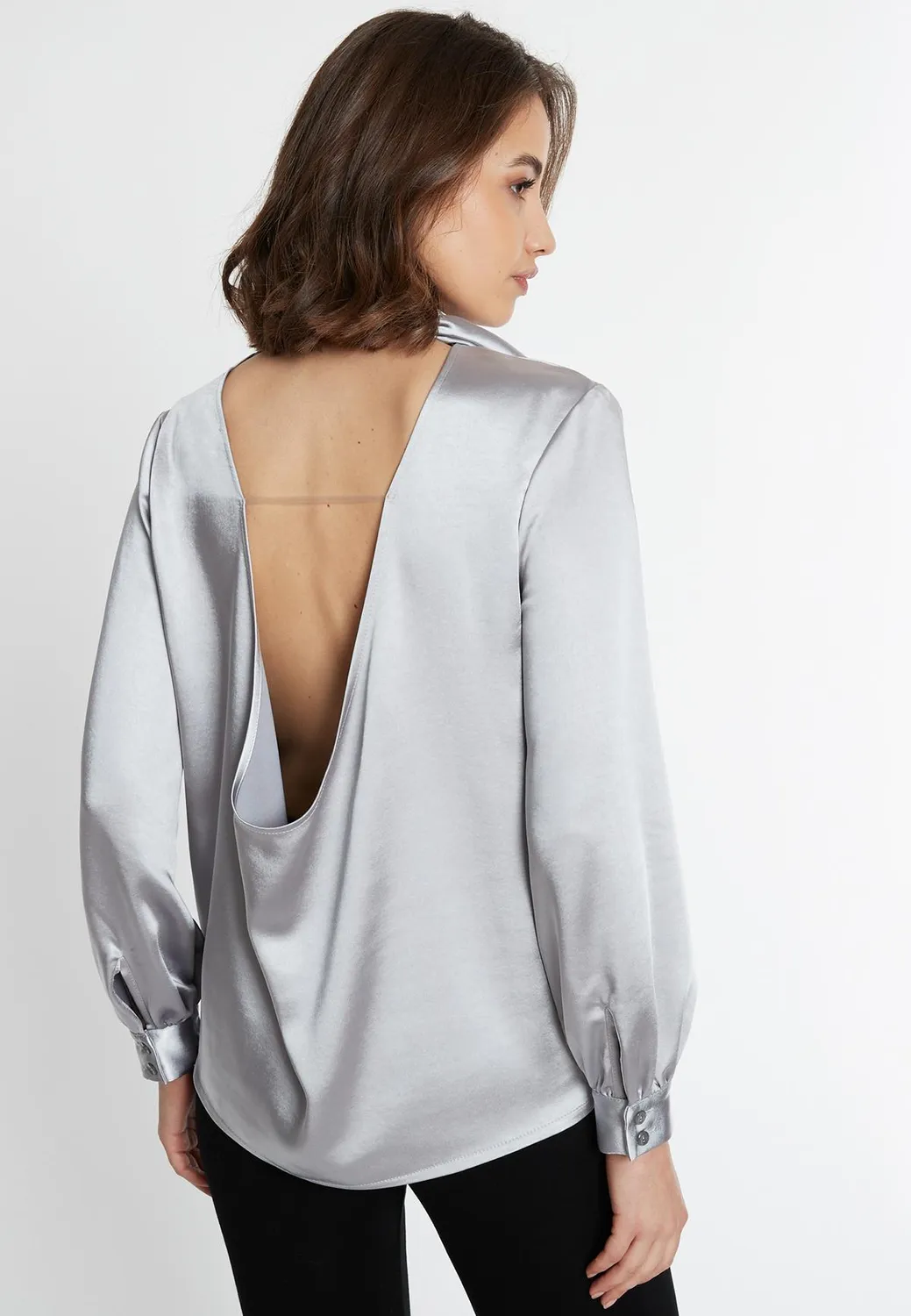 Ana Alcazar Sibora blusa satin grigio argento fiocco