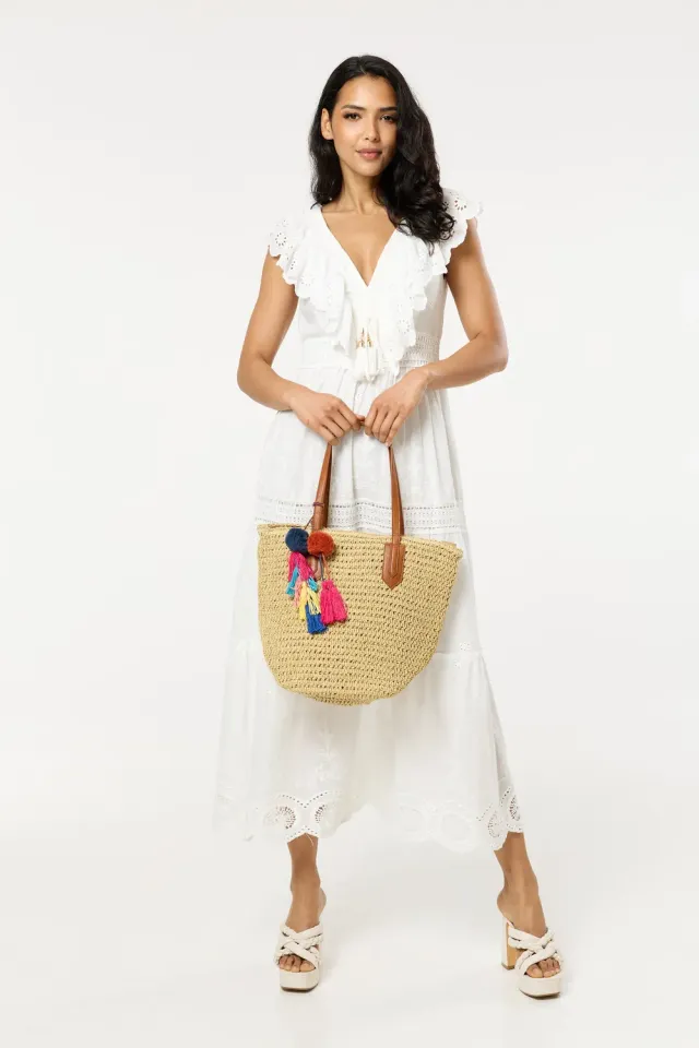 Liquorish Borsa Mare Tote Naturale con Pom Pom e Nappine