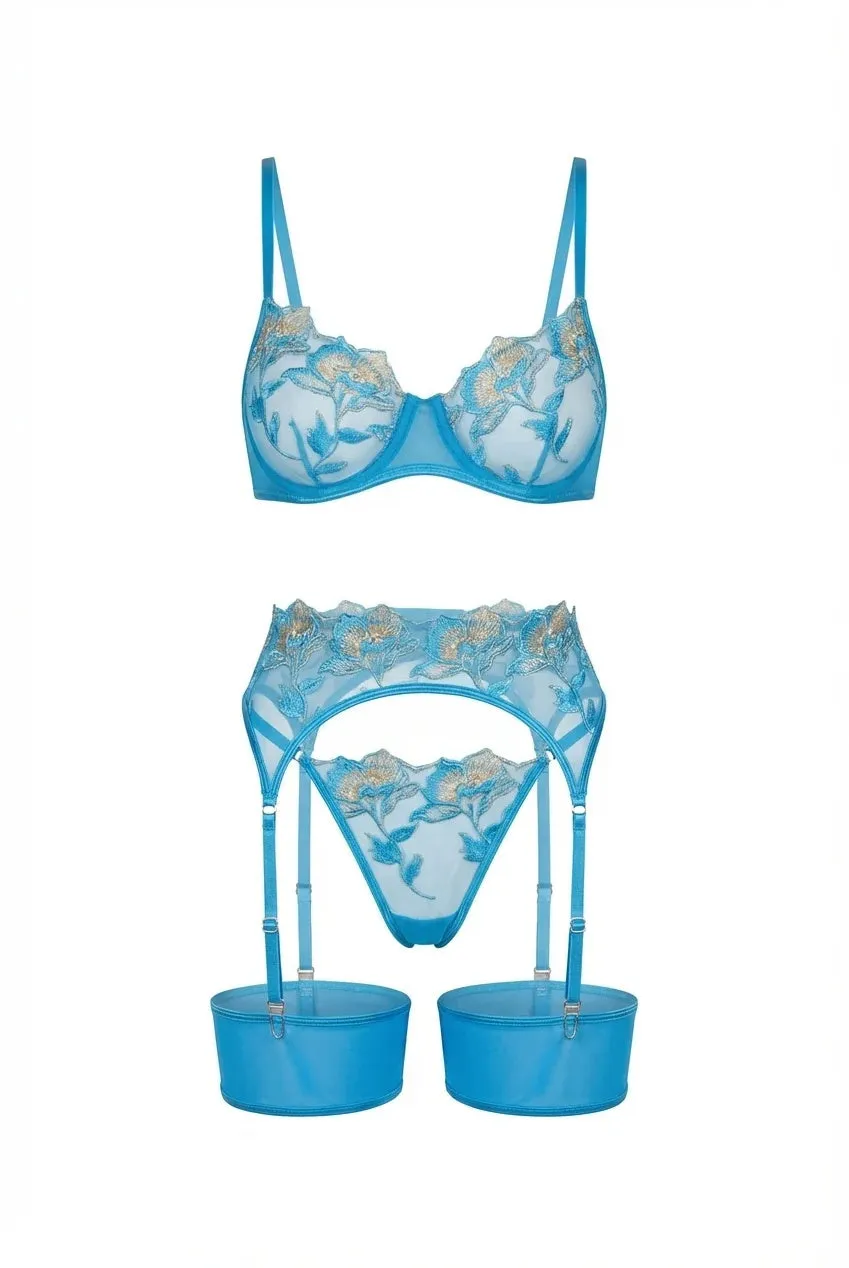 Little Nooks Arabella set lingerie azzurro 3 pezzi ricamato S