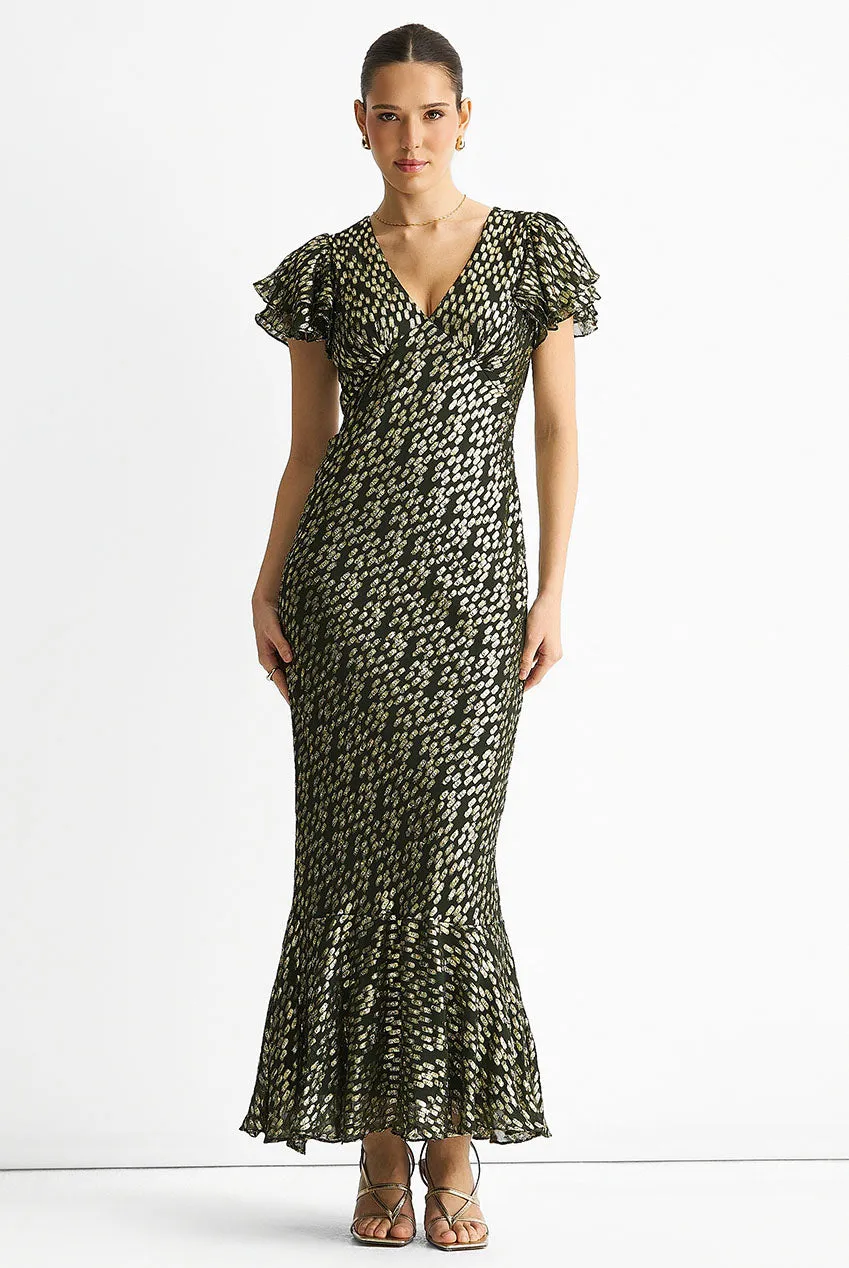 Gini London Gold Jacquard abito verde scuro sbieco oro