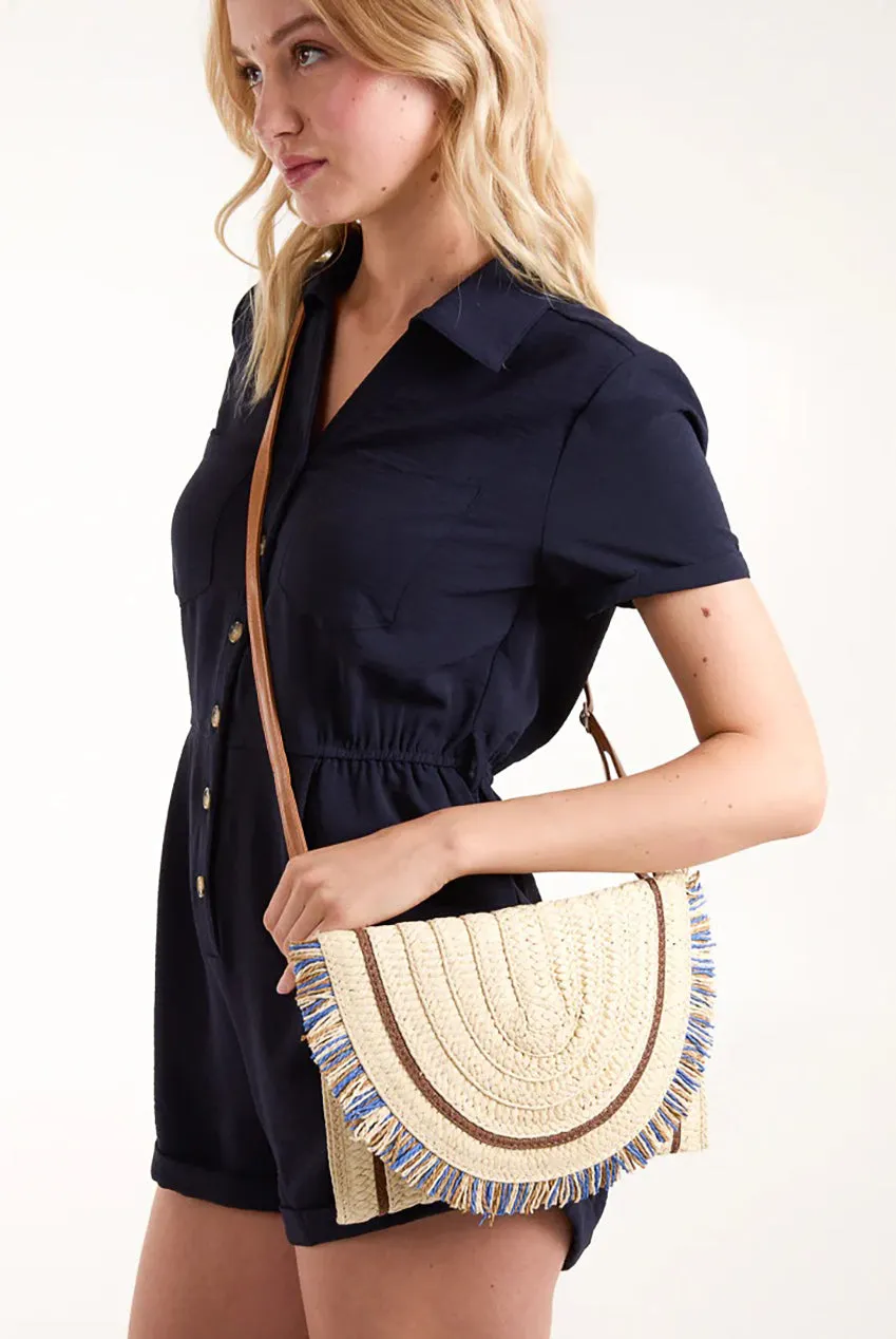 Blue Vanilla clutch paglia stone con frange e tracolla