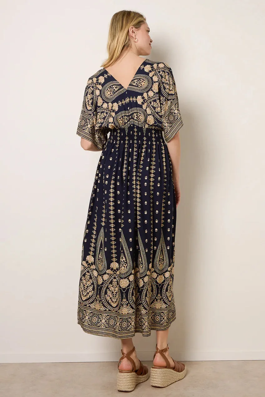 Blue Vanilla Floral Border vestito navy viscosa midi