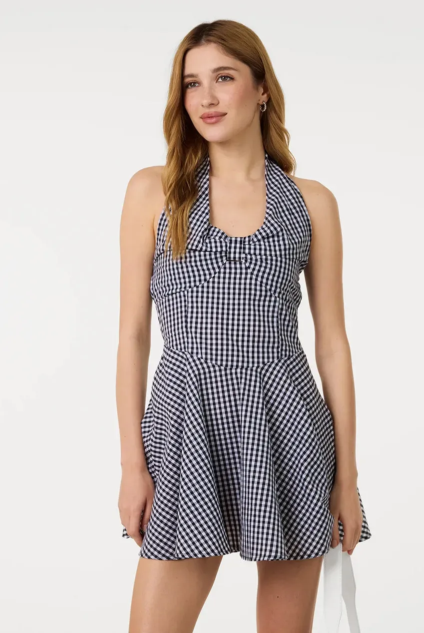 Pink Vanilla Gingham Halter abito mini nero bianco cotone