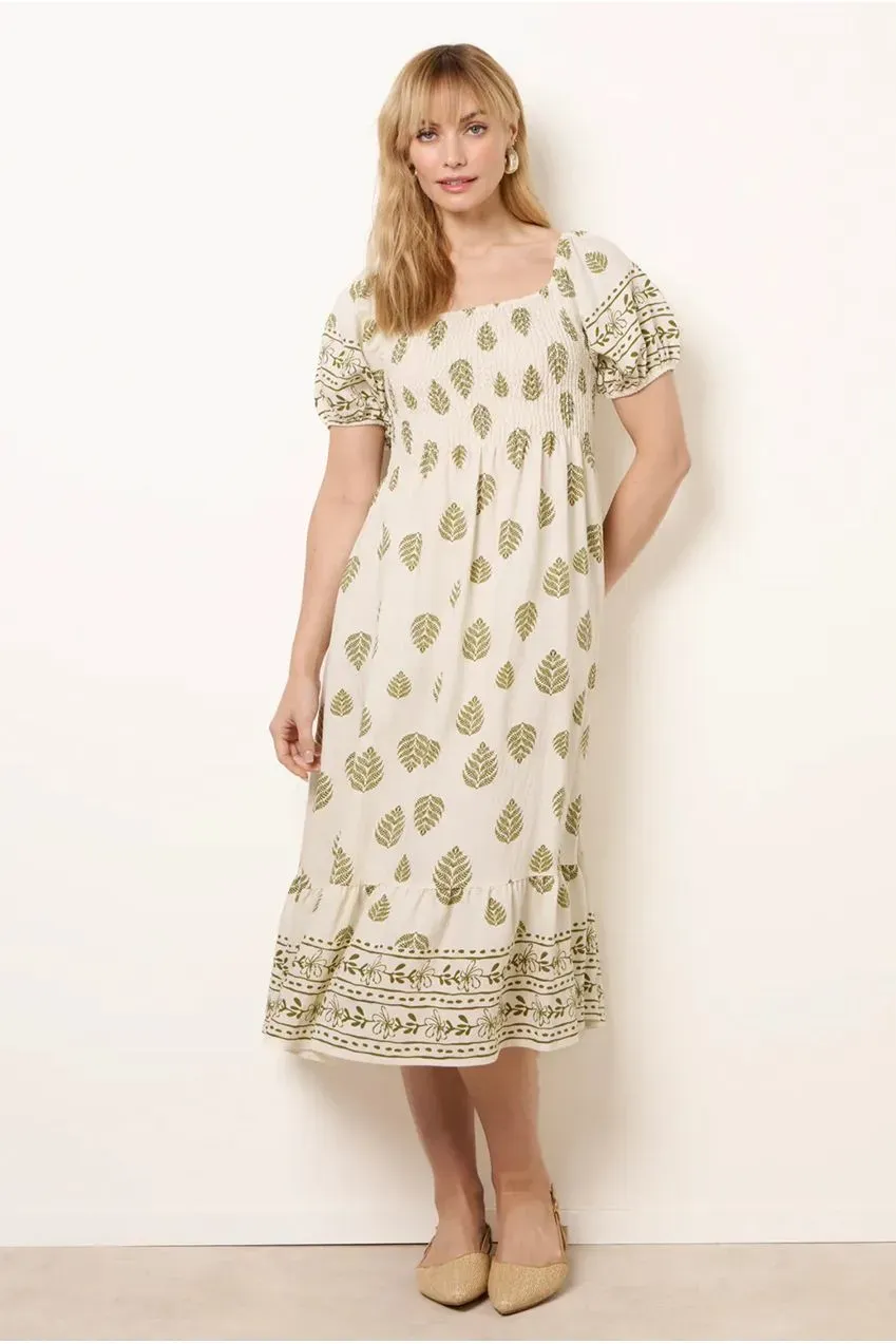 Blue Vanilla Abito Midi Verde Square Neck Shirred S