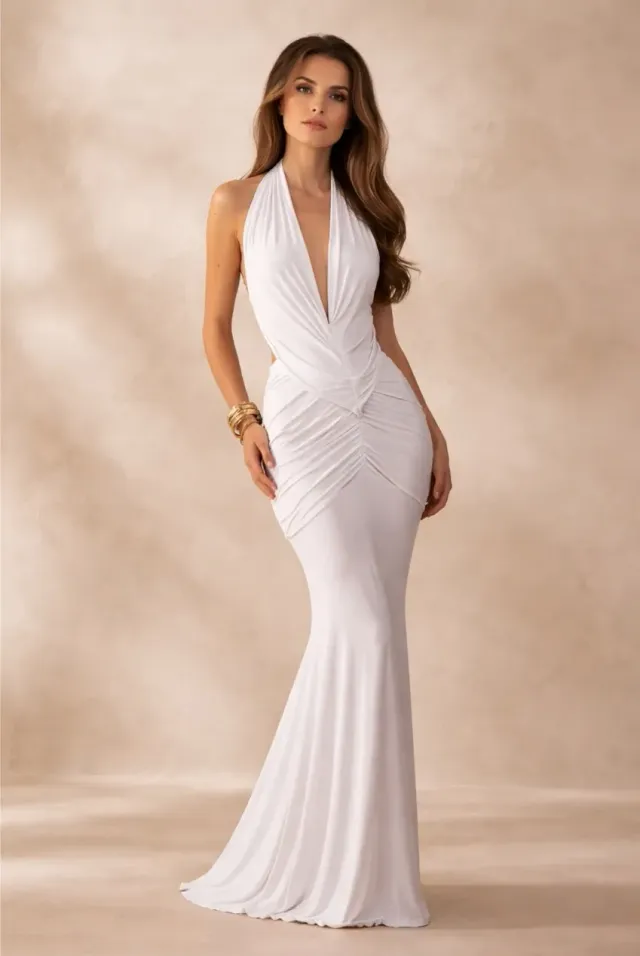 Honor Gold Keira abito maxi bianco schiena scoperta
