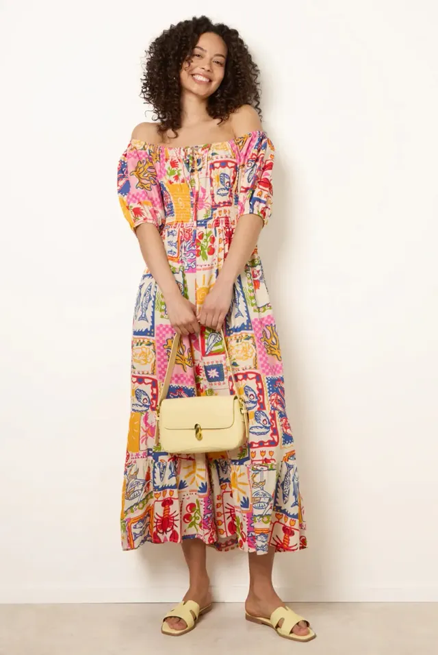 Blue Vanilla Abito Midi Bardot Viscosa Stampa Postcard Multi S