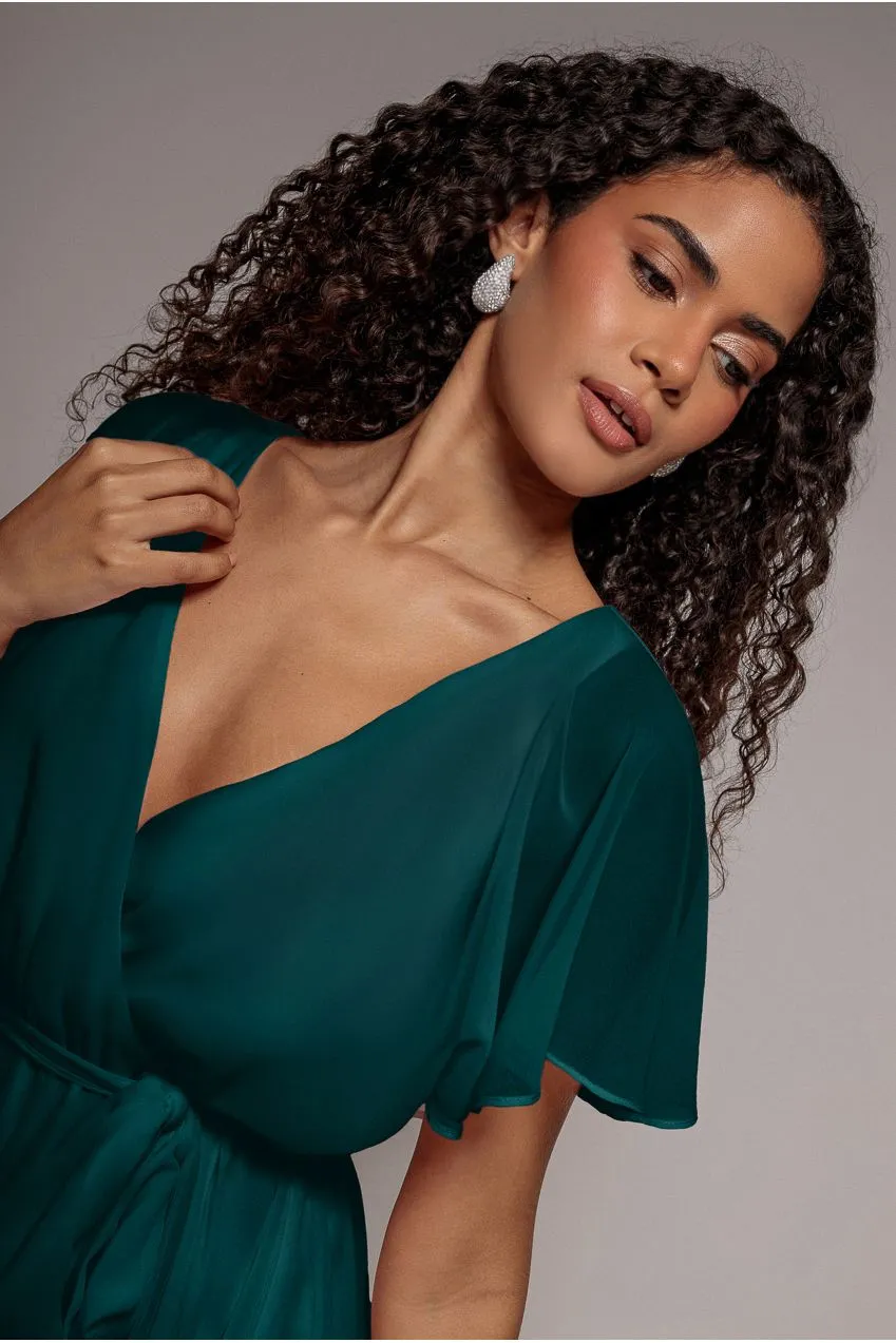 Goddiva Flutter Sleeve abito mini verde incrocio
