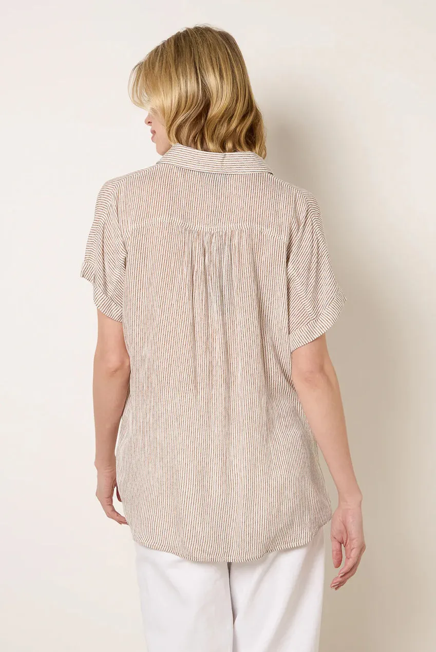 Blue Vanilla Stripe Camicia Taupe Bottoni Manica Corta
