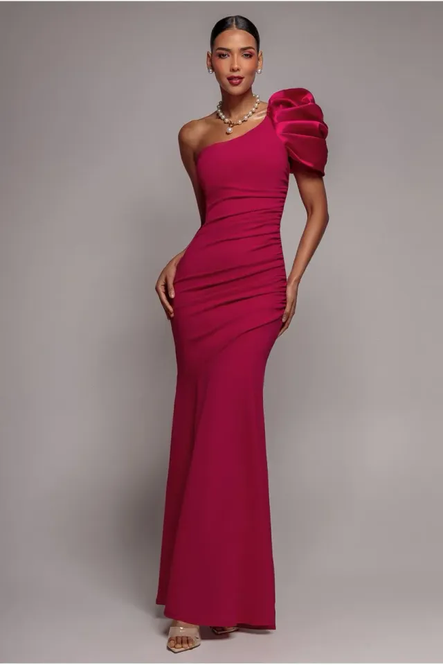 Goddiva abito sera magenta monospalla raso lungo