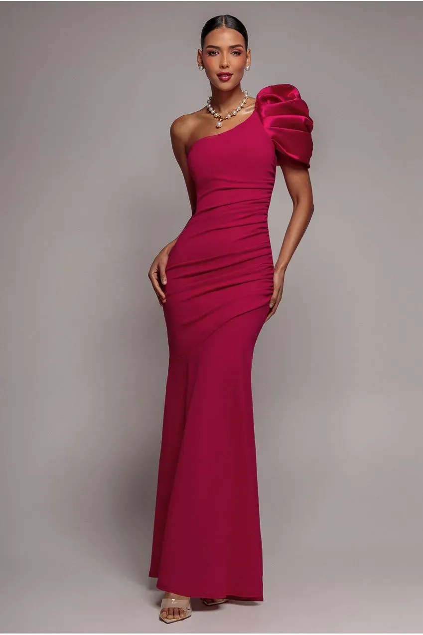 Goddiva abito sera magenta monospalla raso lungo