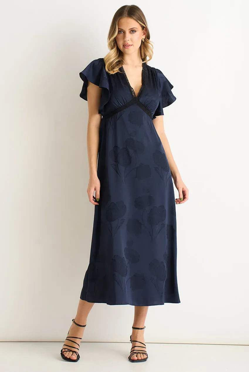Gini London abito midi raso jacquard blu navy pizzo