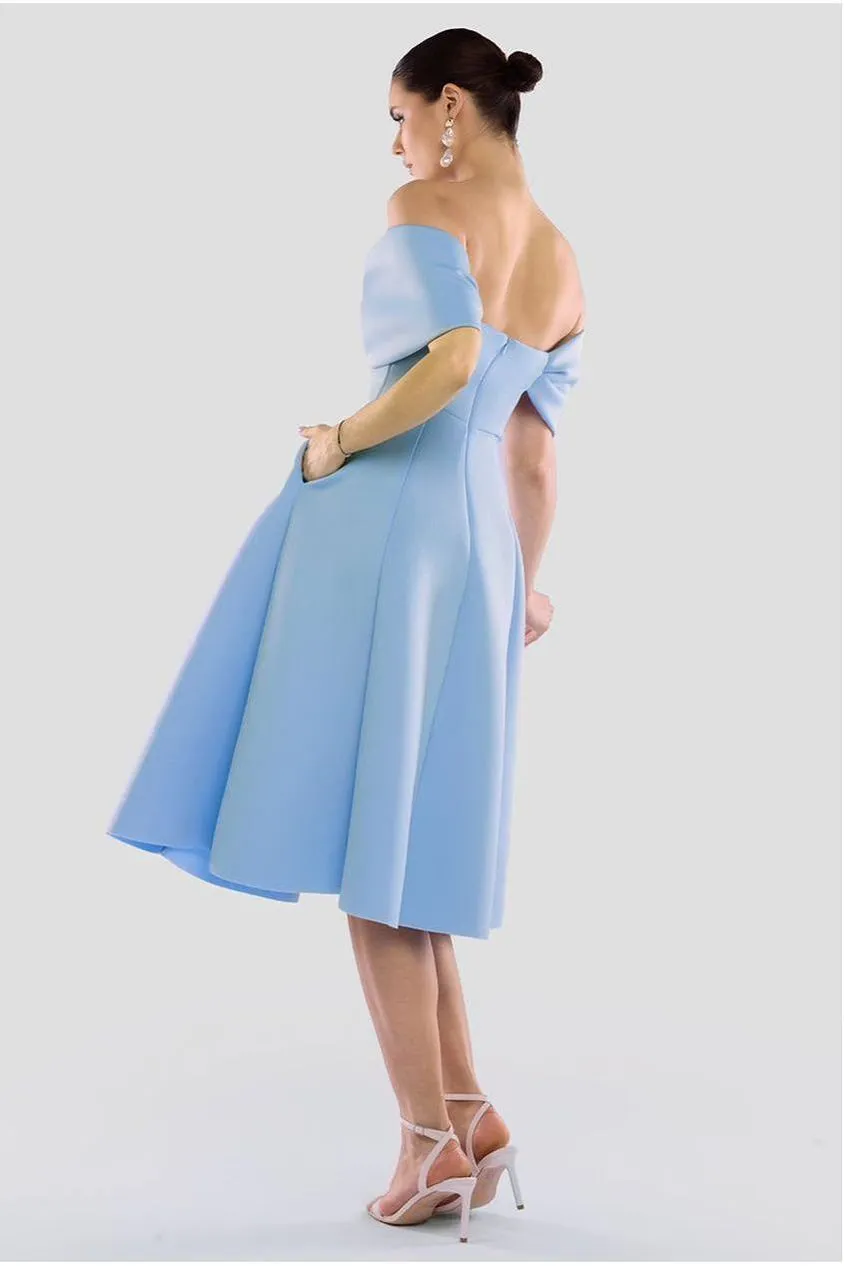 Goddiva Bow Midi Abito Azzurro Scollo Bardot Linea A
