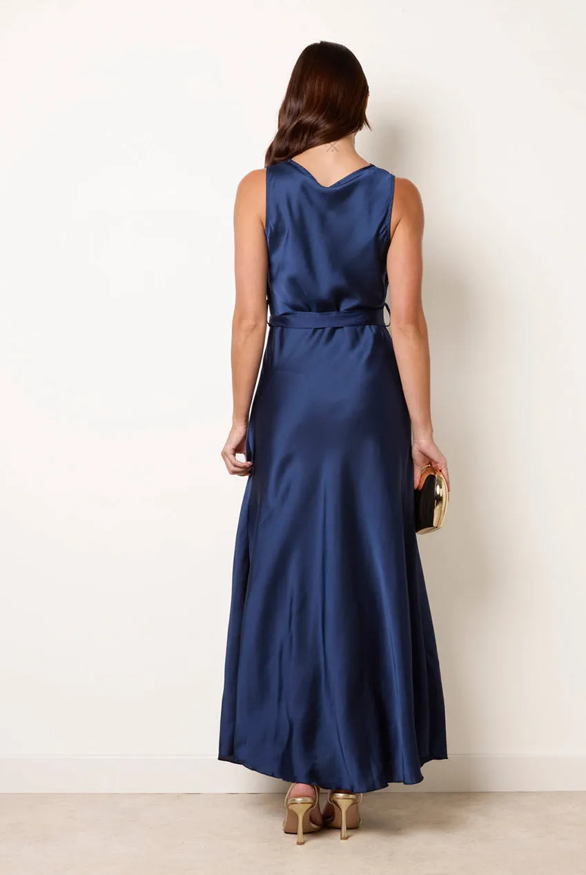 Blue Vanilla abito raso blu navy scollo cowl con cintura