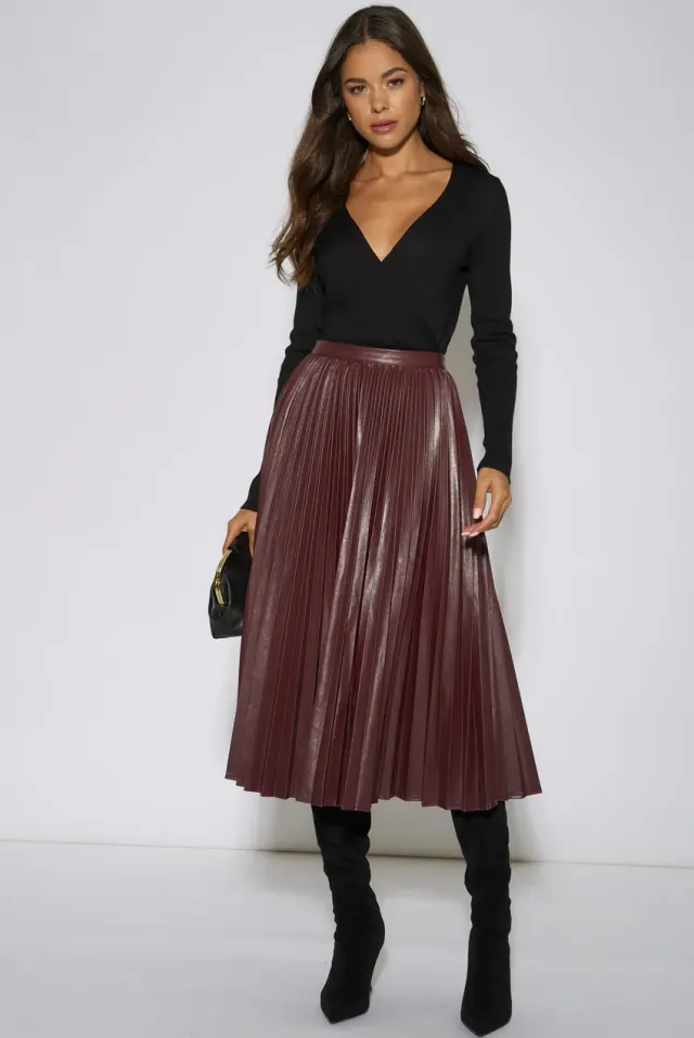 Gini London Pleated gonna midi bordeaux ecopelle plissettata
