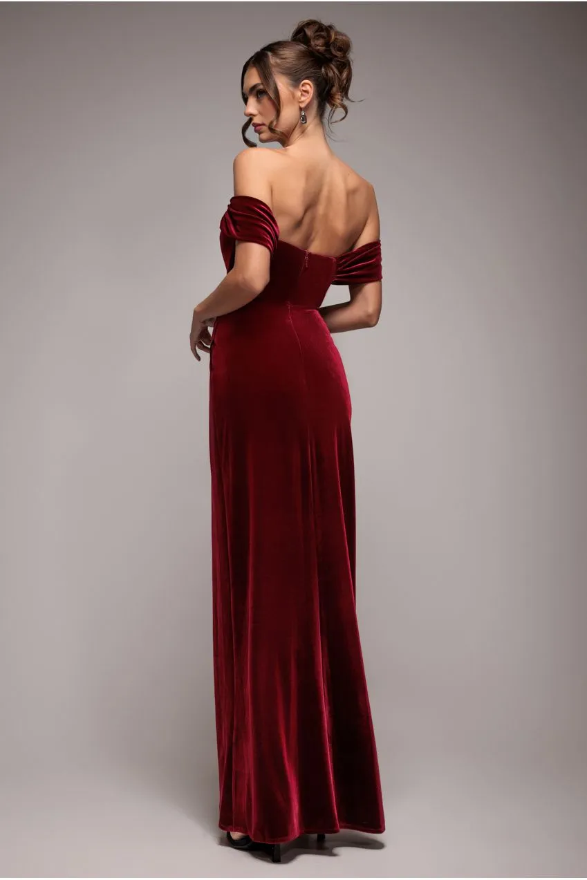 Goddiva Draped Shoulder abito lungo velluto bordeaux corsetto
