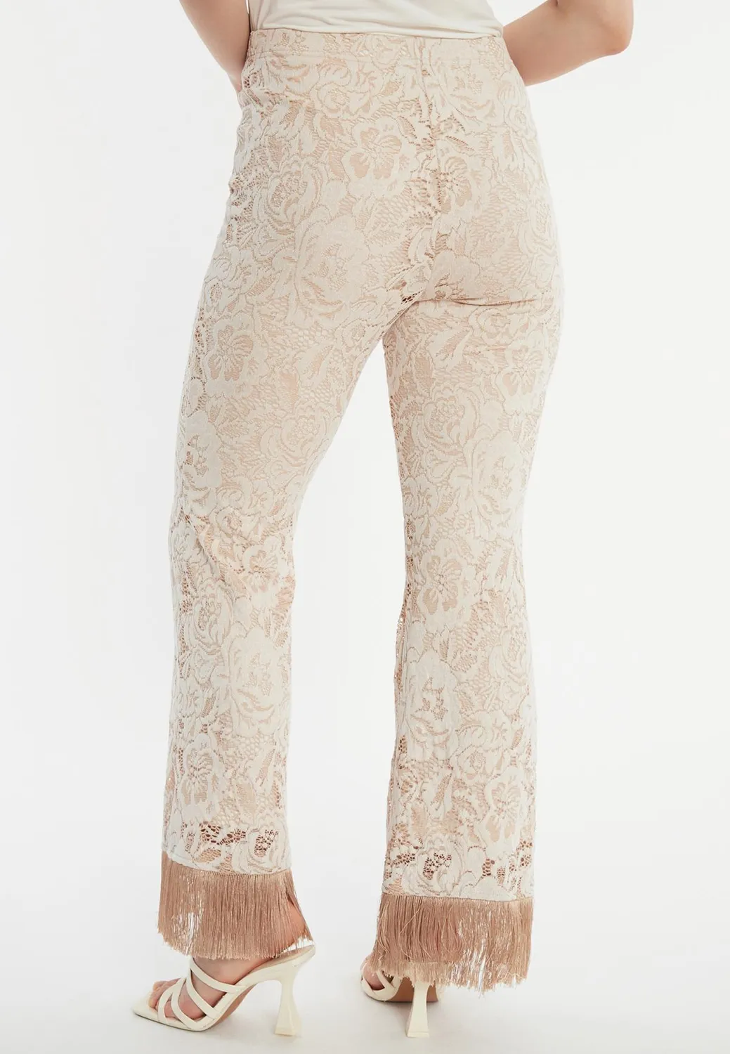 Ana Alcazar Zakira Pantaloni Pizzo Beige Zampa Frange