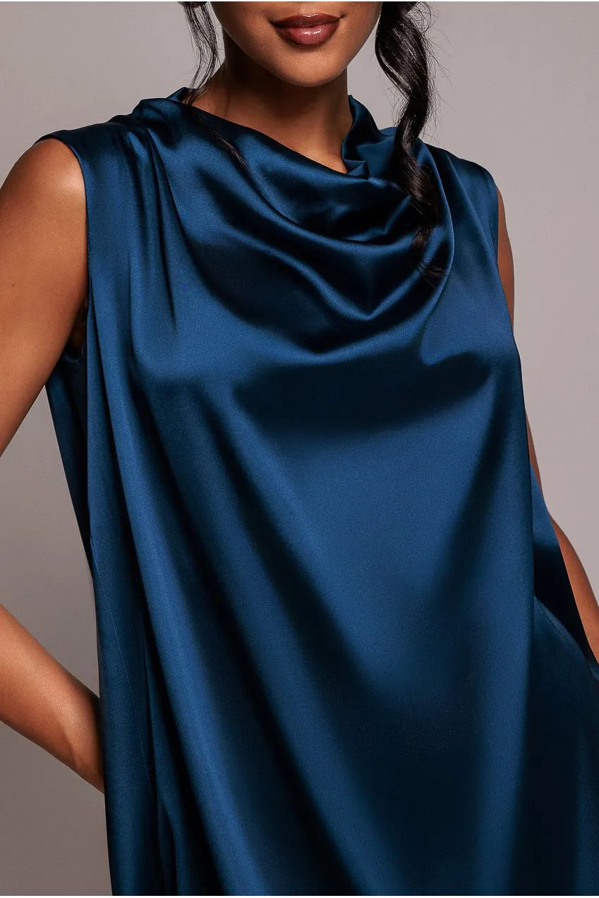 Goddiva Cowl Neck Back Wing abito midi raso blu navy