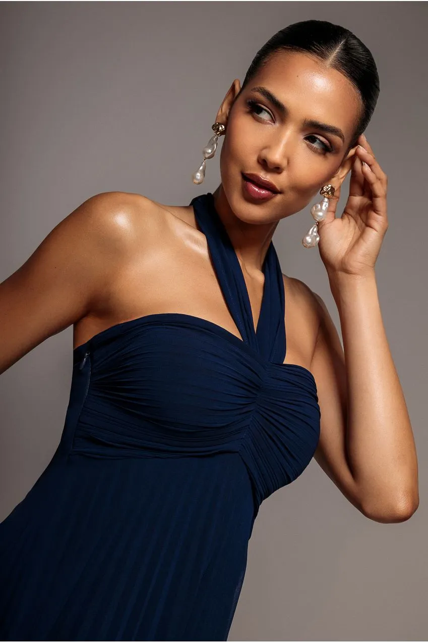 Goddiva Scarf Maxi abito chiffon blu navy plissettato