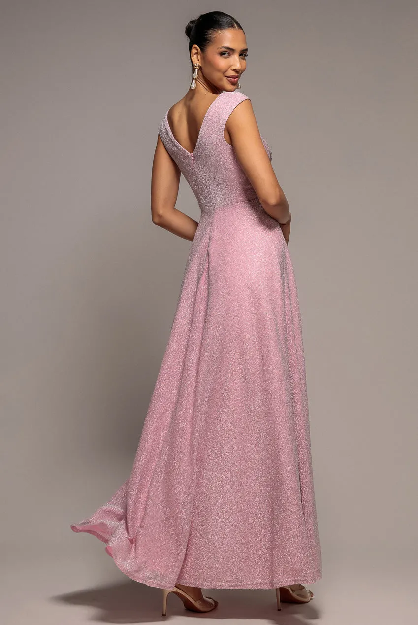 Goddiva Crossover Lurex Glitter abito maxi rosa spacco