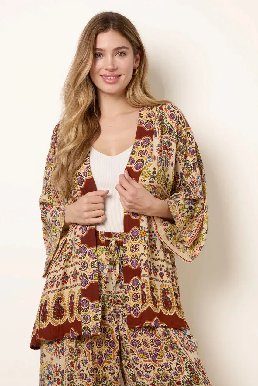 Blue Vanilla Paisley Print Kimono multicolor con ricami