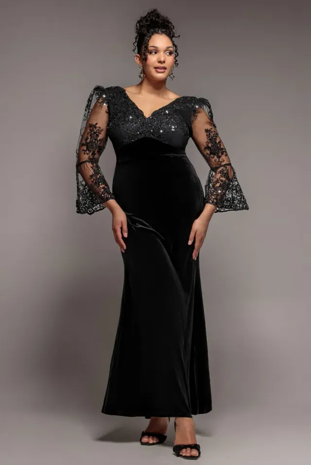 Goddiva Plus Scalloped Lace Velvet abito maxi nero pizzo curvy