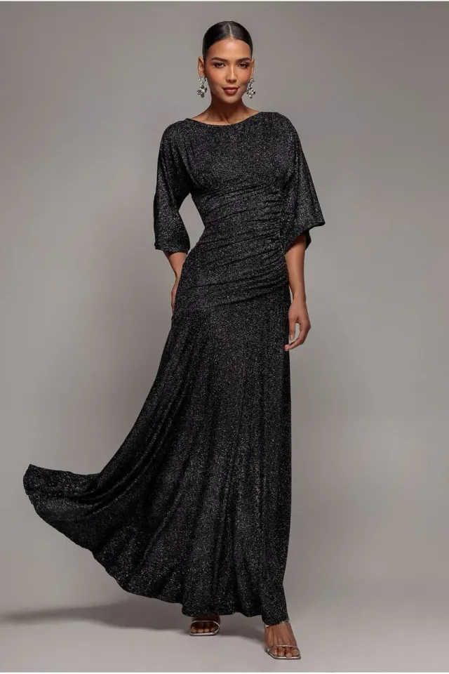 Goddiva Lurex Kimono Abito Maxi Nero Maniche Lanterna lurex