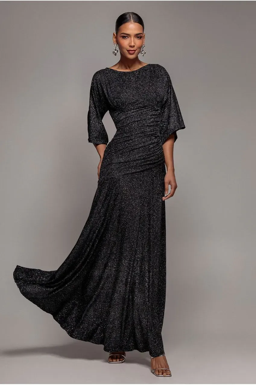 Goddiva Lurex Kimono Abito Maxi Nero Maniche Lanterna lurex