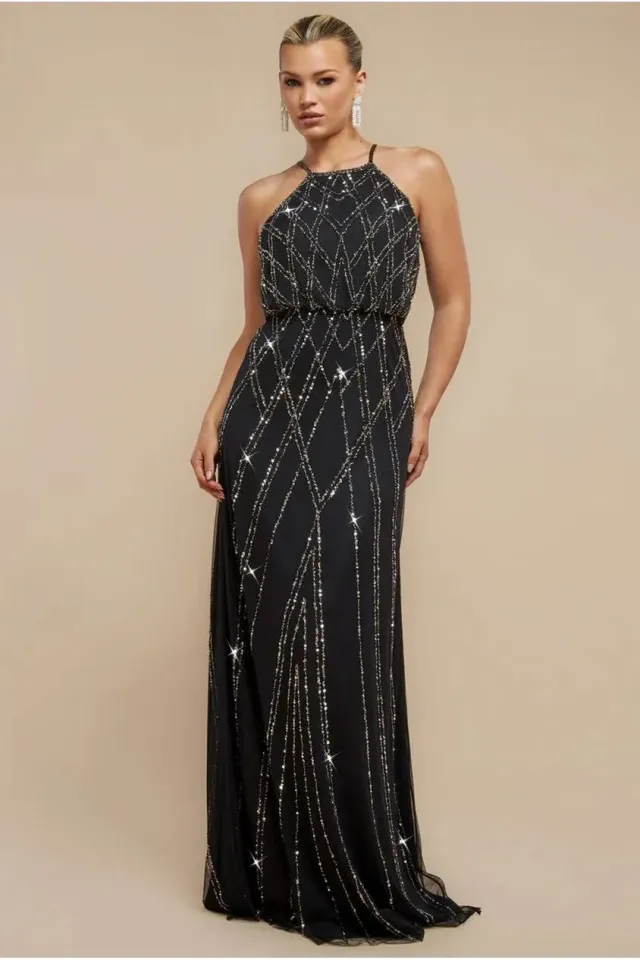 Goddiva Racer Neck abito maxi nero paillettes ricamato