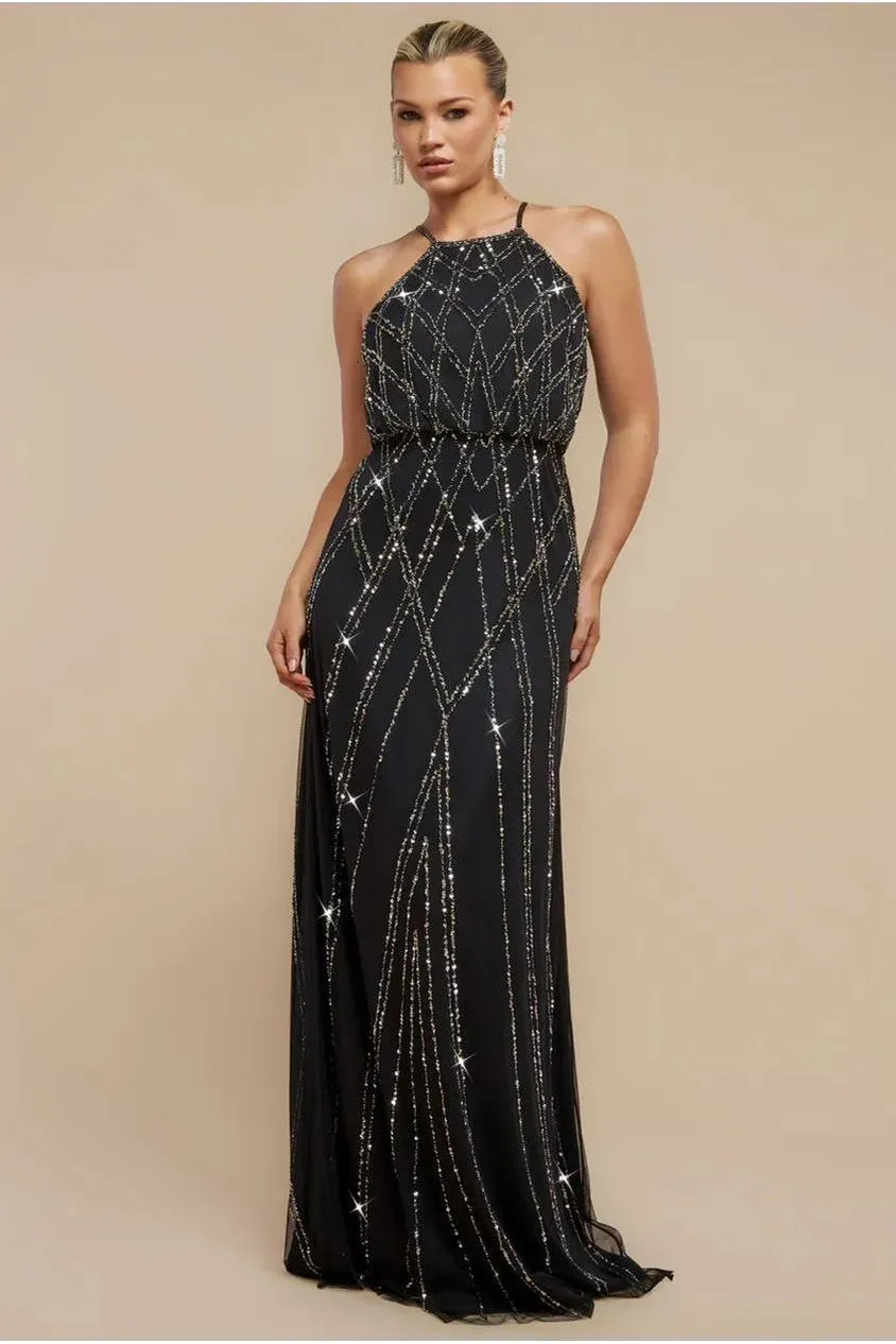 Goddiva Racer Neck abito maxi nero paillettes ricamato
