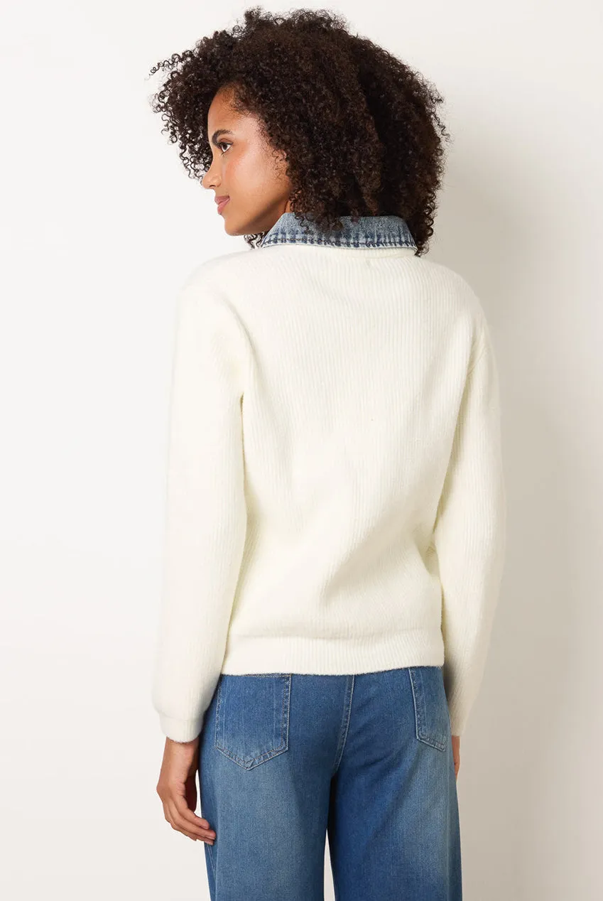 Blue Vanilla Cardigan Maglia Avorio Collo Denim Manica Lunga