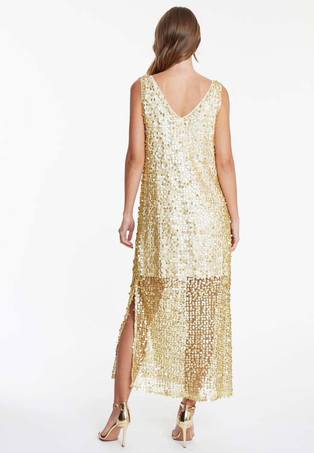 Ana Alcazar Wadani abito maxi rete paillettes oro