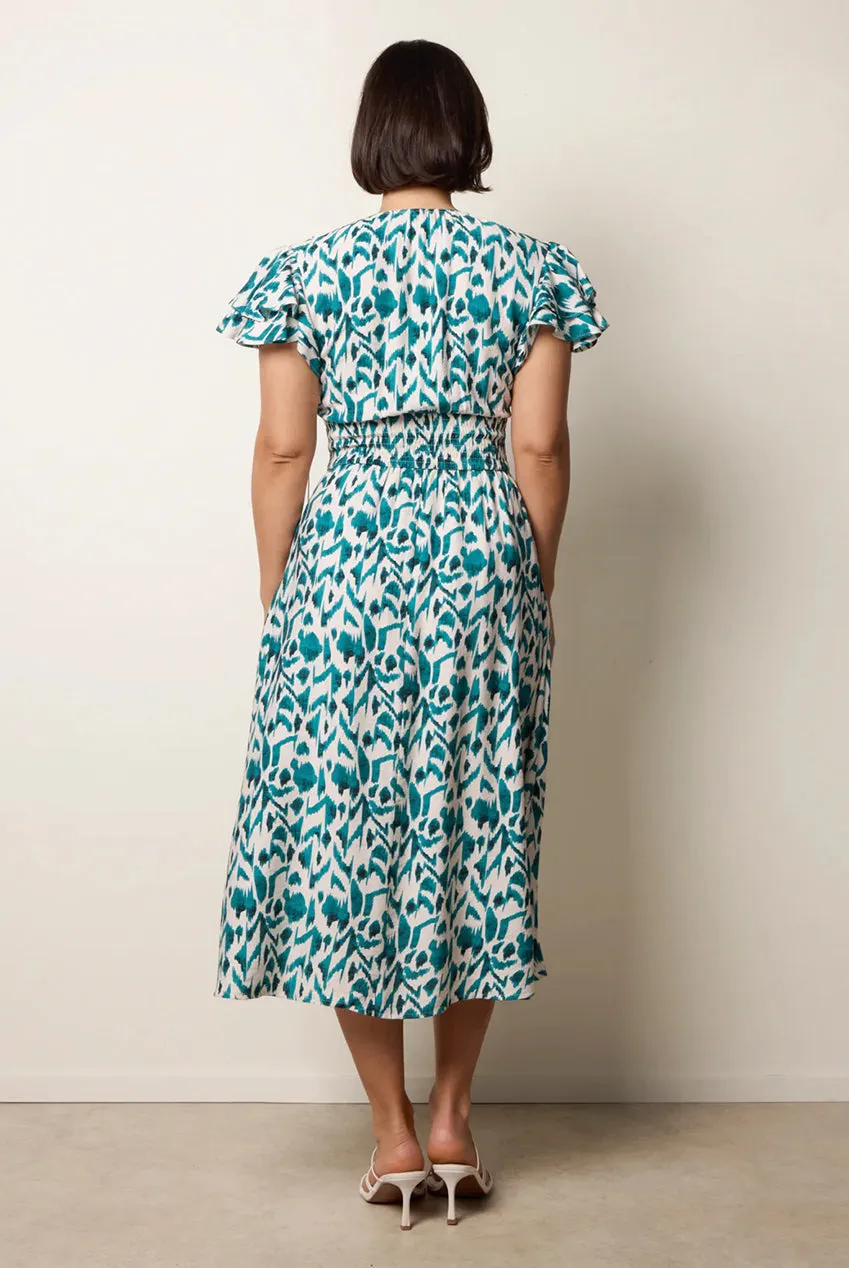 Blue Vanilla Printed V Neck abito teal midi