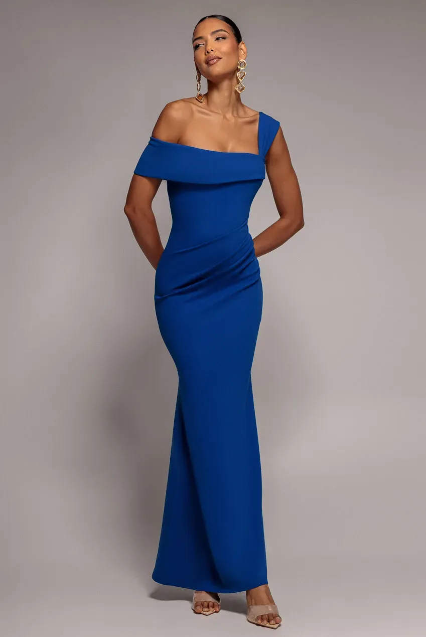 Goddiva DR5171 abito maxi blu royal monospalla
