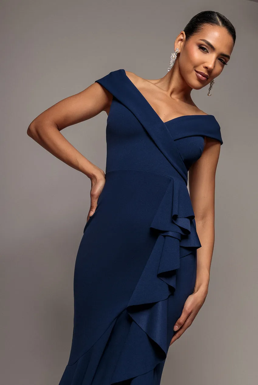 Goddiva Off Shoulder Waterfall abito lungo navy blu scuba