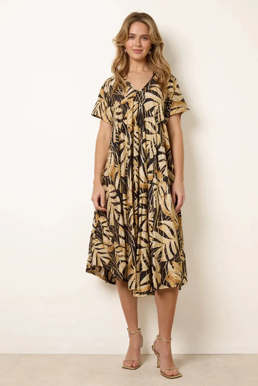 Blue Vanilla kimono abito midi nero tropicale taglia unica