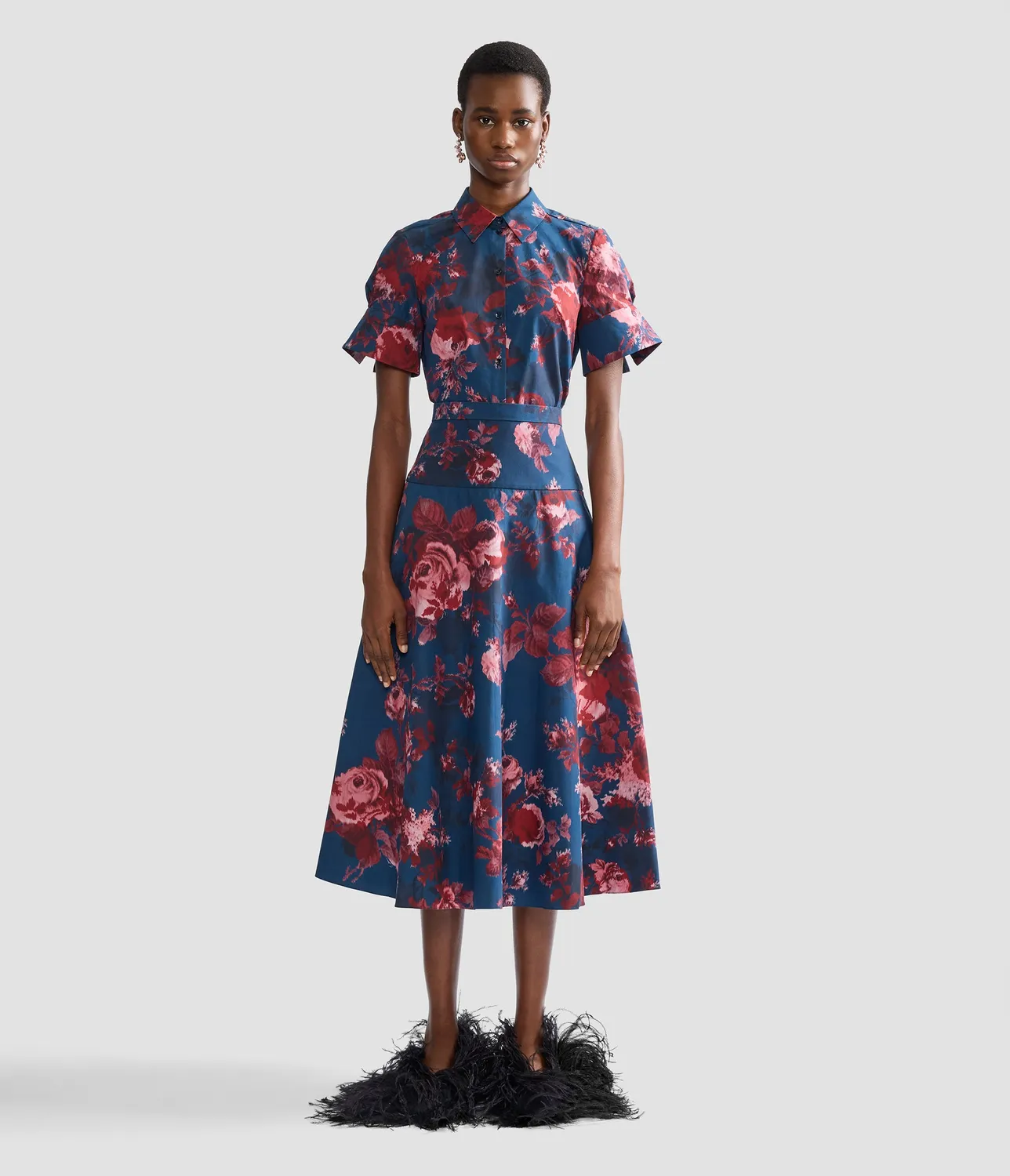 Erdem Floral Cotton Poplin camicia rose maniche corte