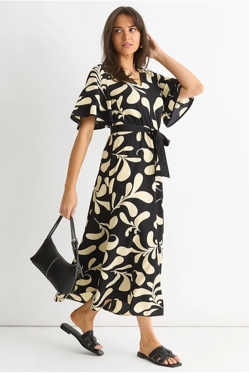 Gini London Floral V Neck abito midi nero floreale