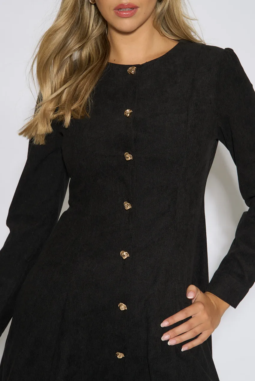 Gini London Cord abito mini nero velluto bottoni oro