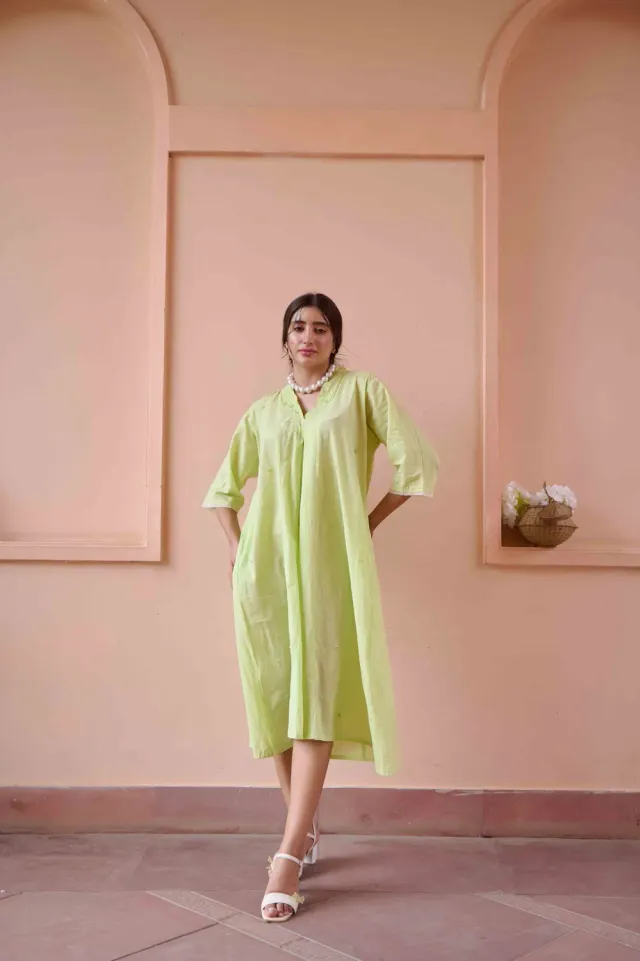 Our Dve Olivia abito verde cotone scollo V