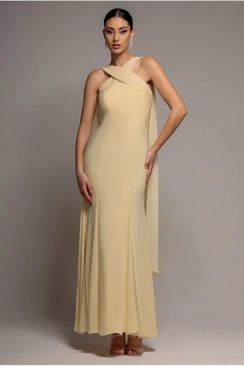 Goddiva Abito Maxi Chiffon Mermaid Giallo Burro Incrocio