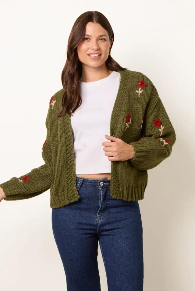 Blue Vanilla Flower Embroidery cardigan khaki manica lunga
