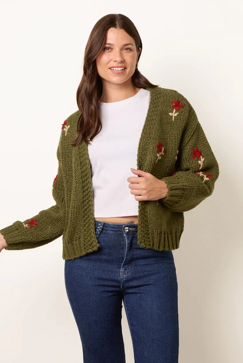 Blue Vanilla Flower Embroidery cardigan khaki manica lunga