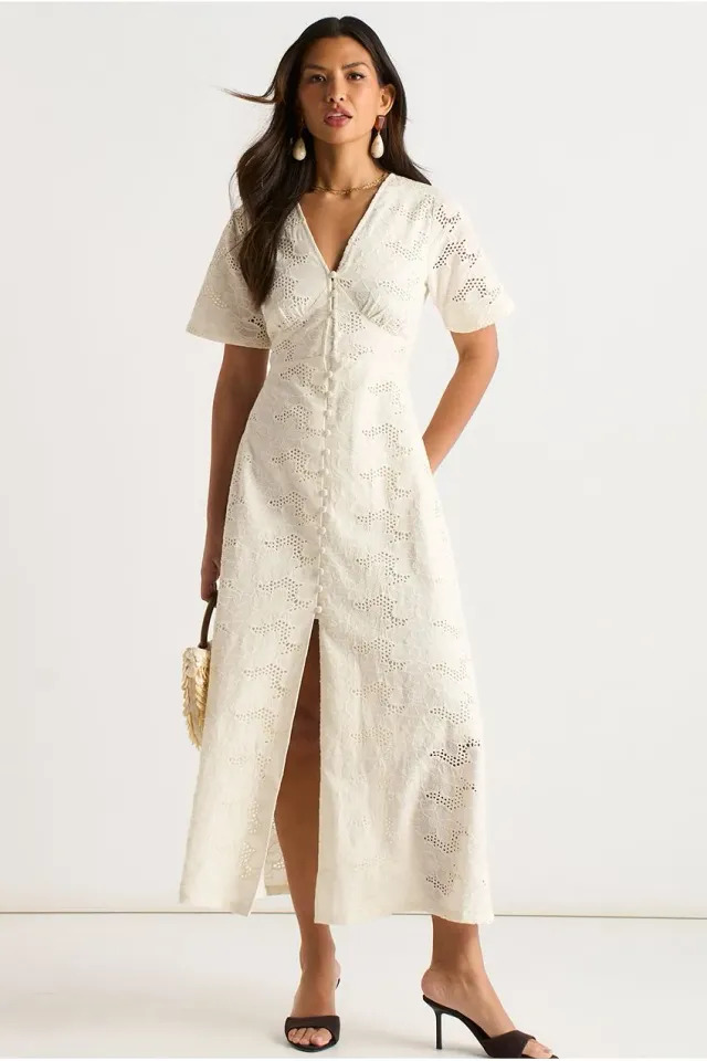 Gini London Button Through abito pizzo bianco midi