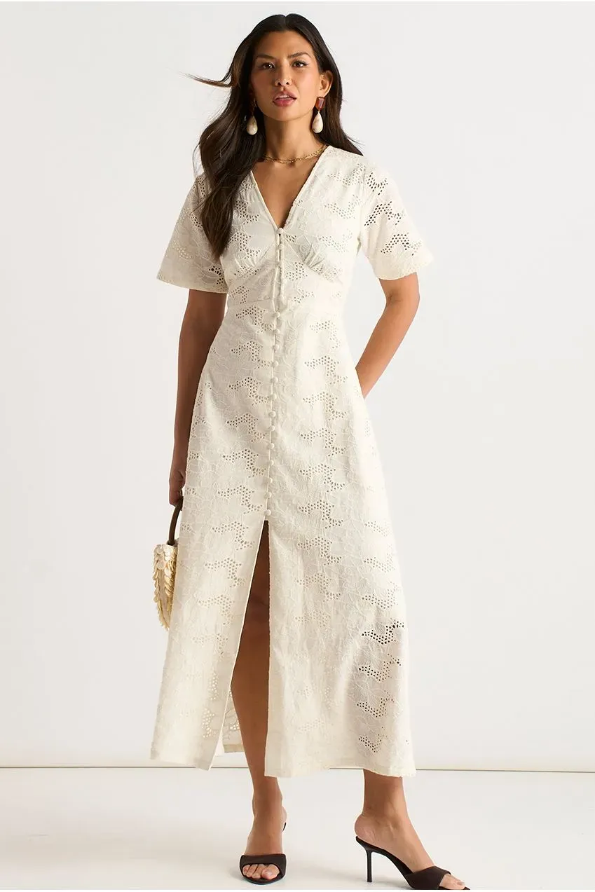 Gini London Button Through abito pizzo bianco midi