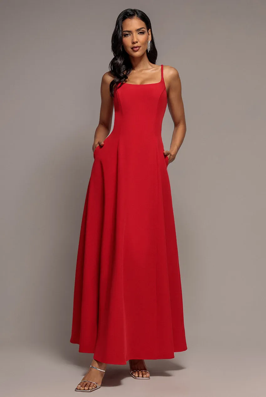 Goddiva A-Line maxi abito rosso scollo barca tasche spalline